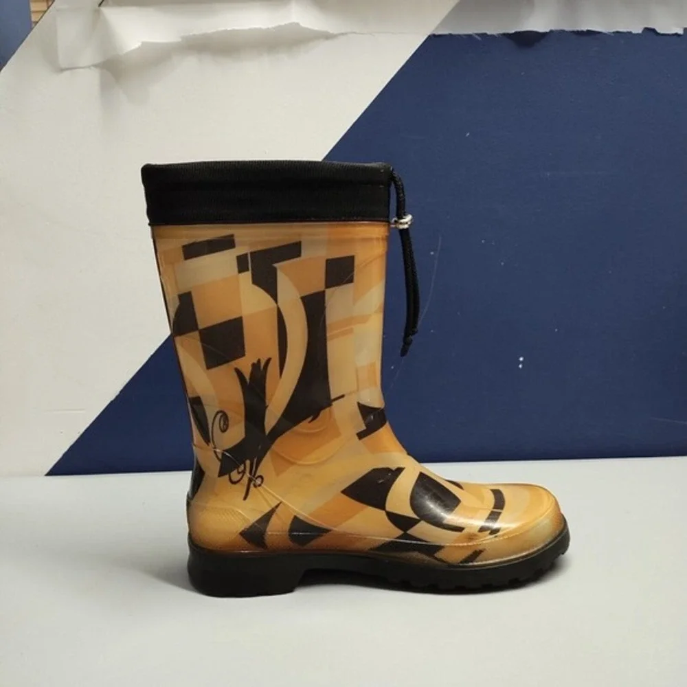 Salvatore Ferragamo Mid-Calf Rain Boots Womens‎ 7 Brown Logo Rubber Sole Pull On